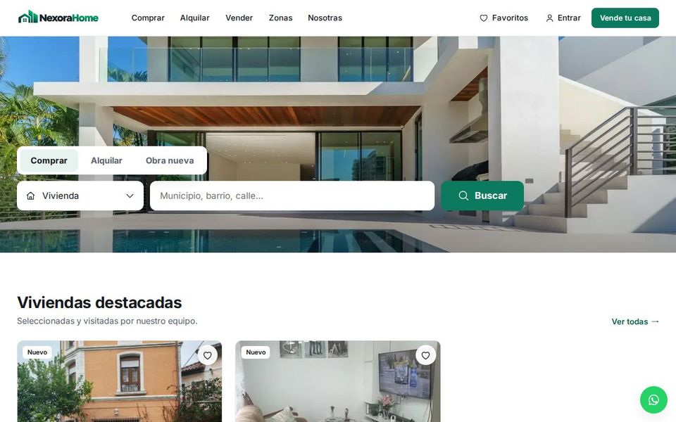 Portada de la web de NexoraHome con el buscador de viviendas